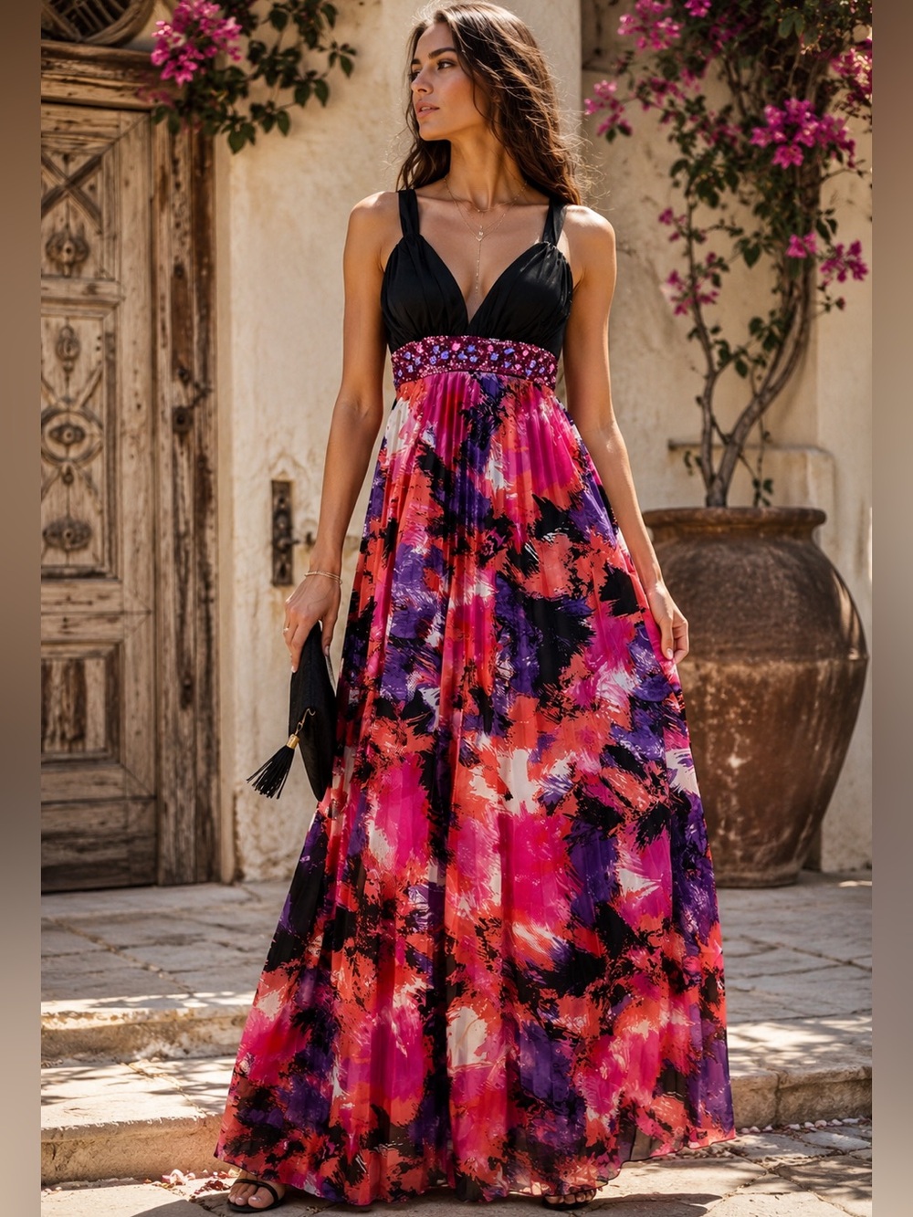 My Michelle Y2K Glam Barbiecore Beaded Floral Maxi Dress L